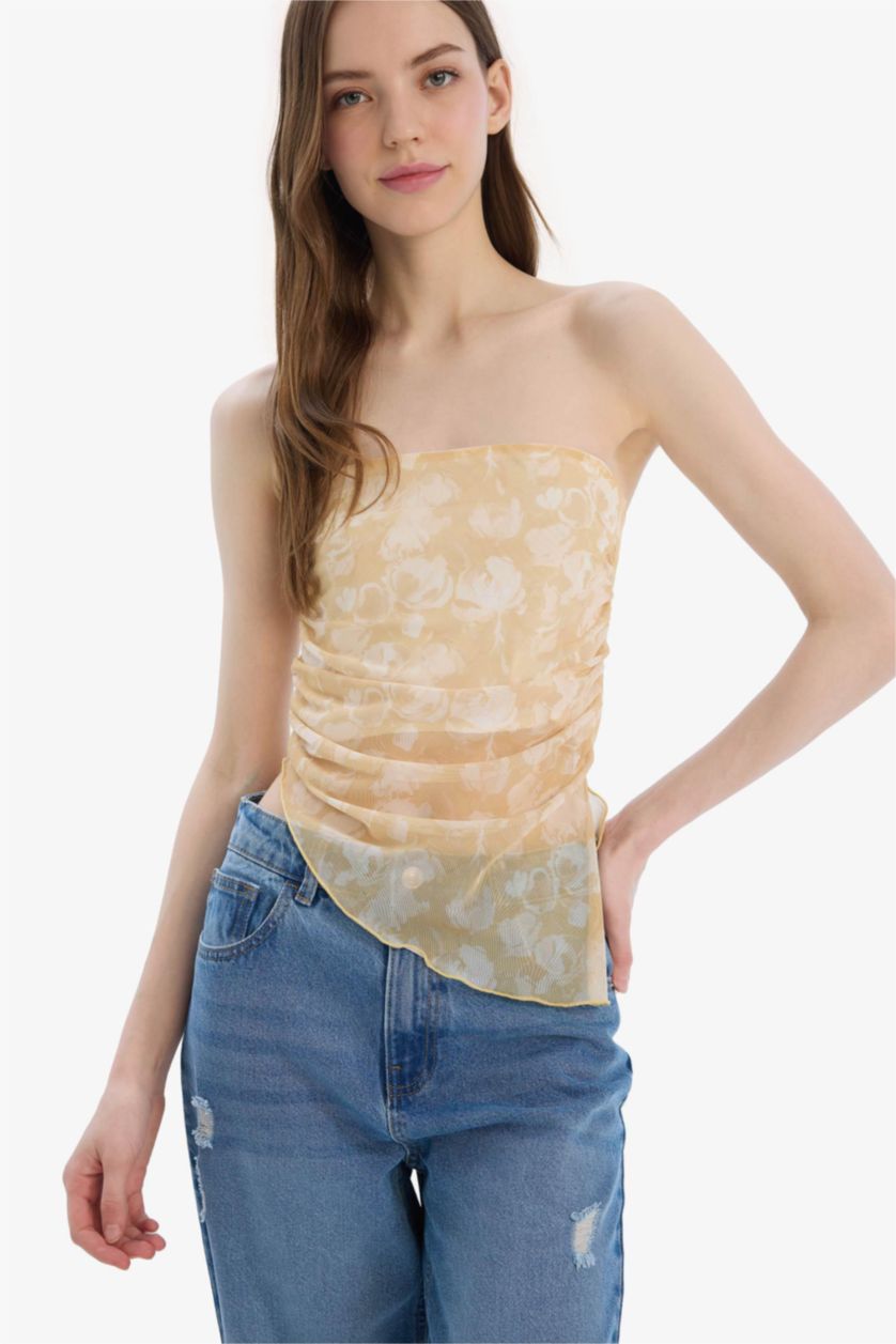 نساء أصفر فاتح بلوزة تول سليم فيت بدون حمالات