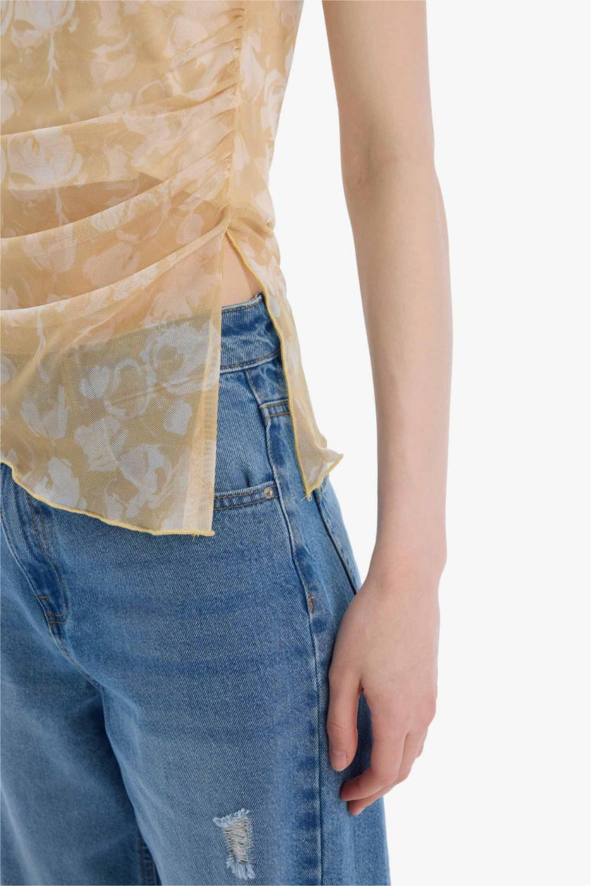 نساء أصفر فاتح بلوزة تول سليم فيت بدون حمالات