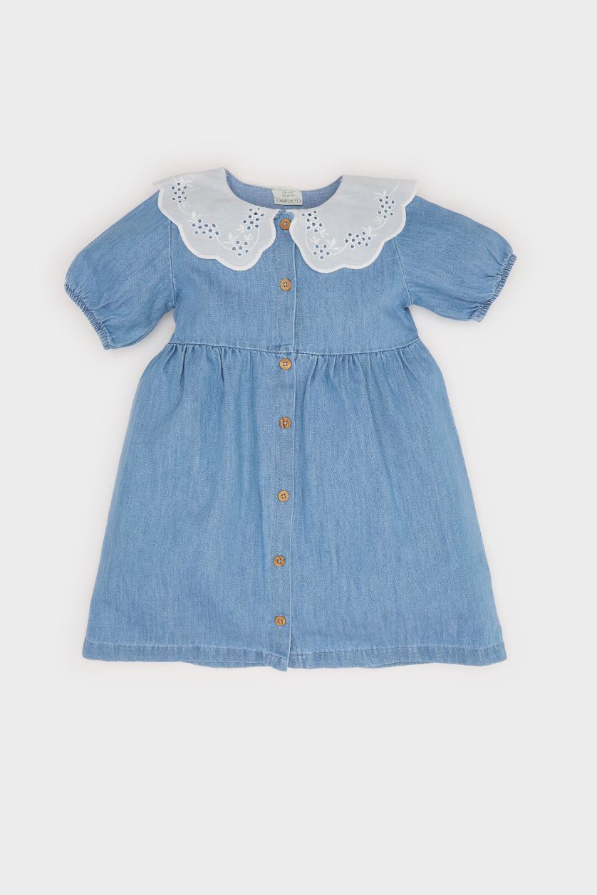 BABY GIRL Light Blue Baby Girl Wide Lace Collar Denim Dress