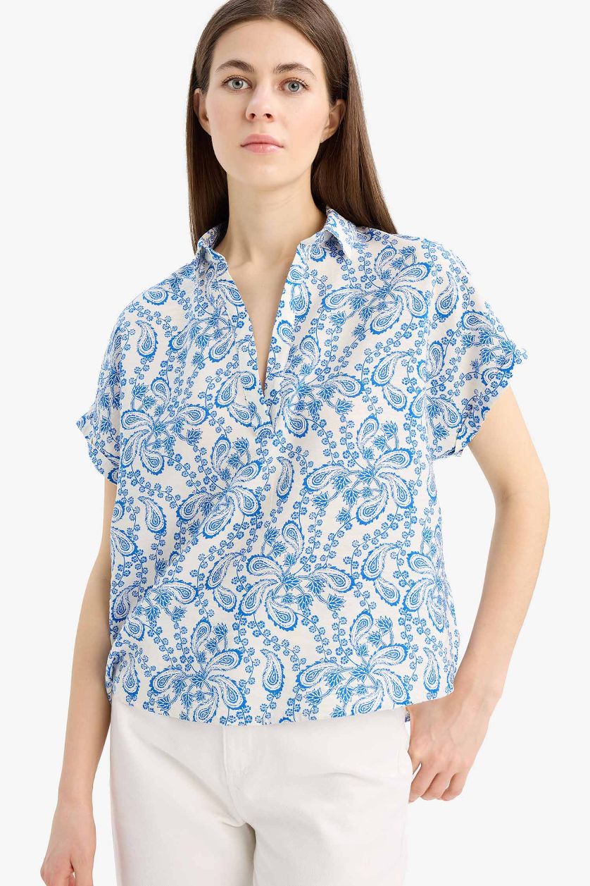 نساء اللون الملكي بلوزة نص ردن مطبوع اوفر سايز بياقة قميص