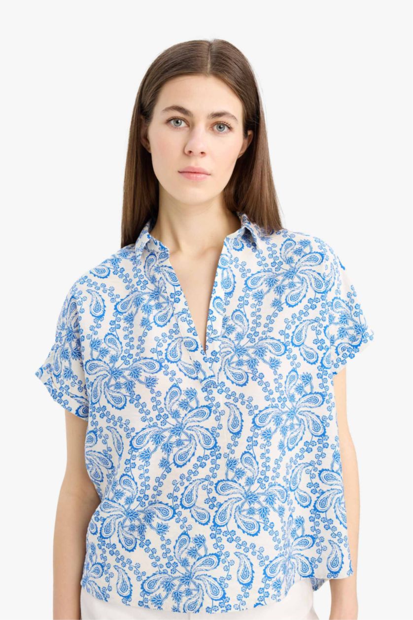 نساء اللون الملكي بلوزة نص ردن مطبوع اوفر سايز بياقة قميص