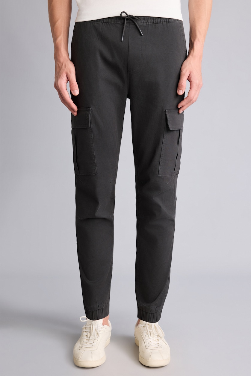 MAN Anthracite Cargo Pocket Elastic Waist Jogger Fit Gabardine Trousers