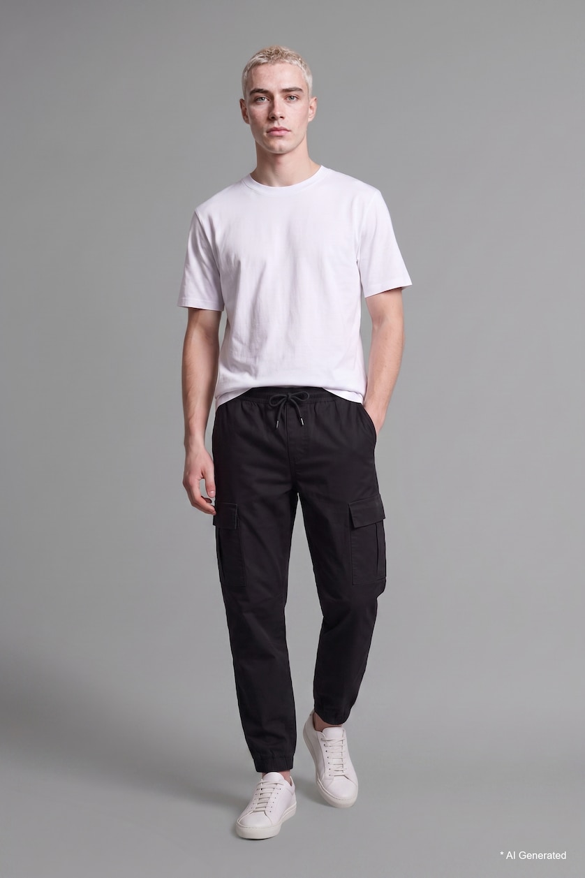 MAN Black Cargo Pocket Elastic Waist Jogger Fit Gabardine Trousers