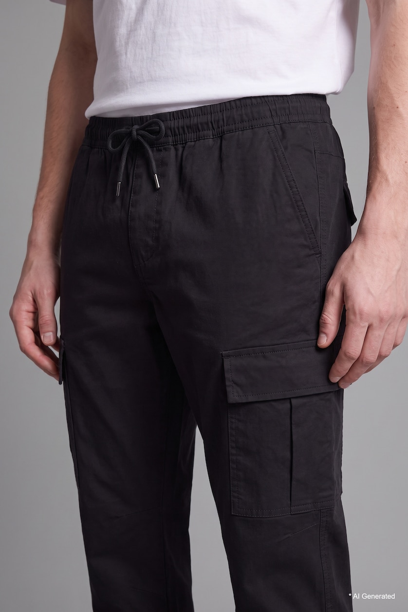 MAN Black Cargo Pocket Elastic Waist Jogger Fit Gabardine Trousers
