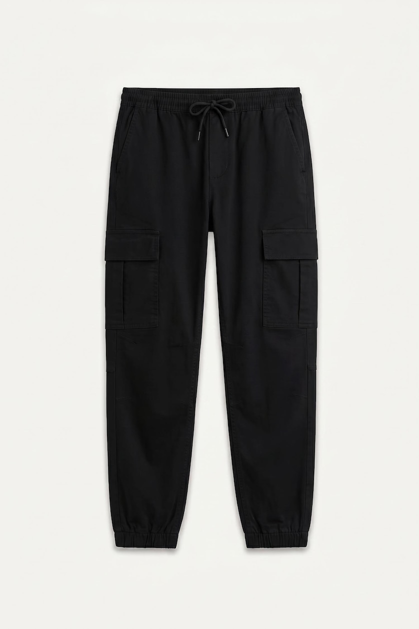 MAN Black Cargo Pocket Elastic Waist Jogger Fit Gabardine Trousers