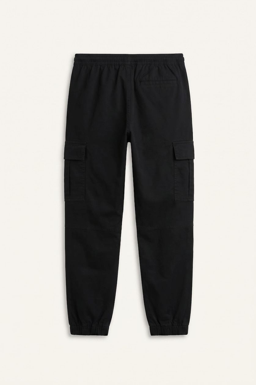 MAN Black Cargo Pocket Elastic Waist Jogger Fit Gabardine Trousers