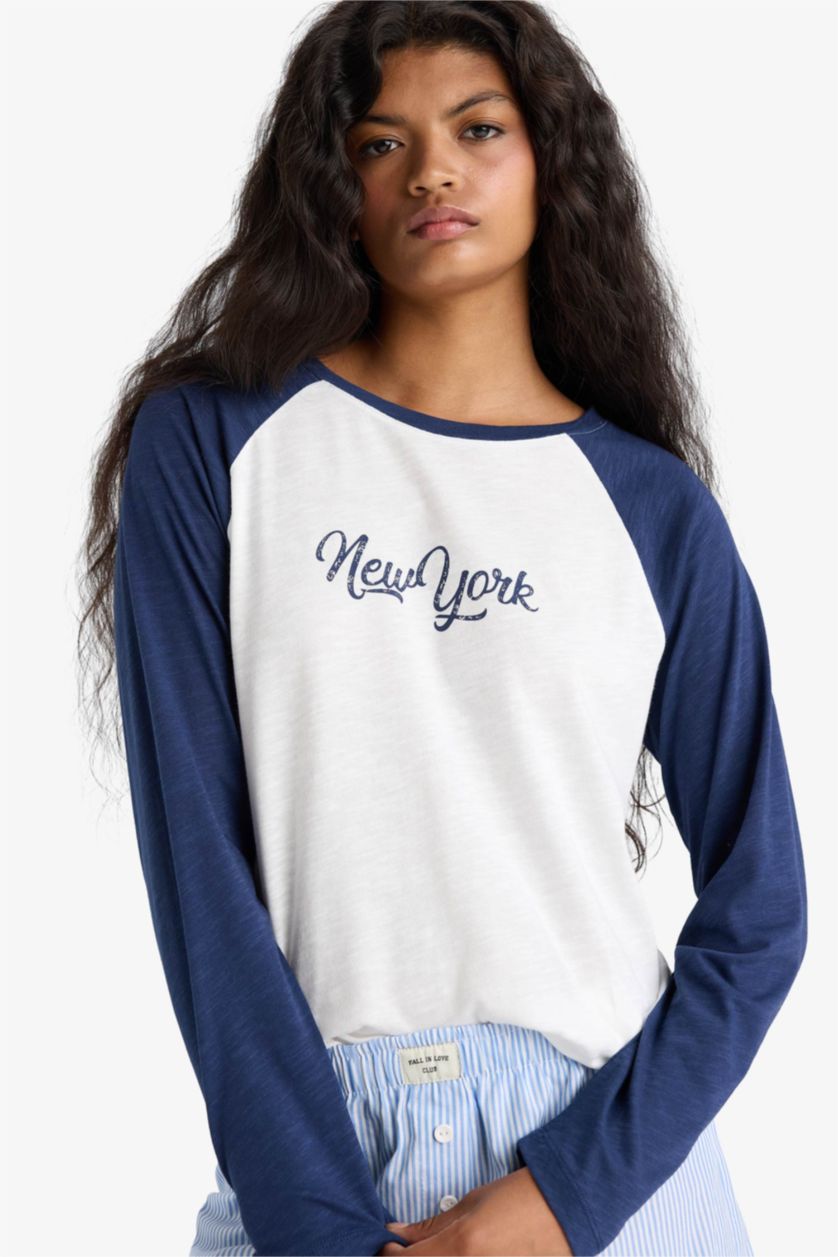 Woman NAVY Regular Fit Crew Neck Flamed Cotton Top
