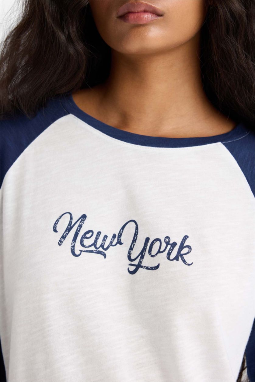 Woman NAVY Regular Fit Crew Neck Flamed Cotton Top