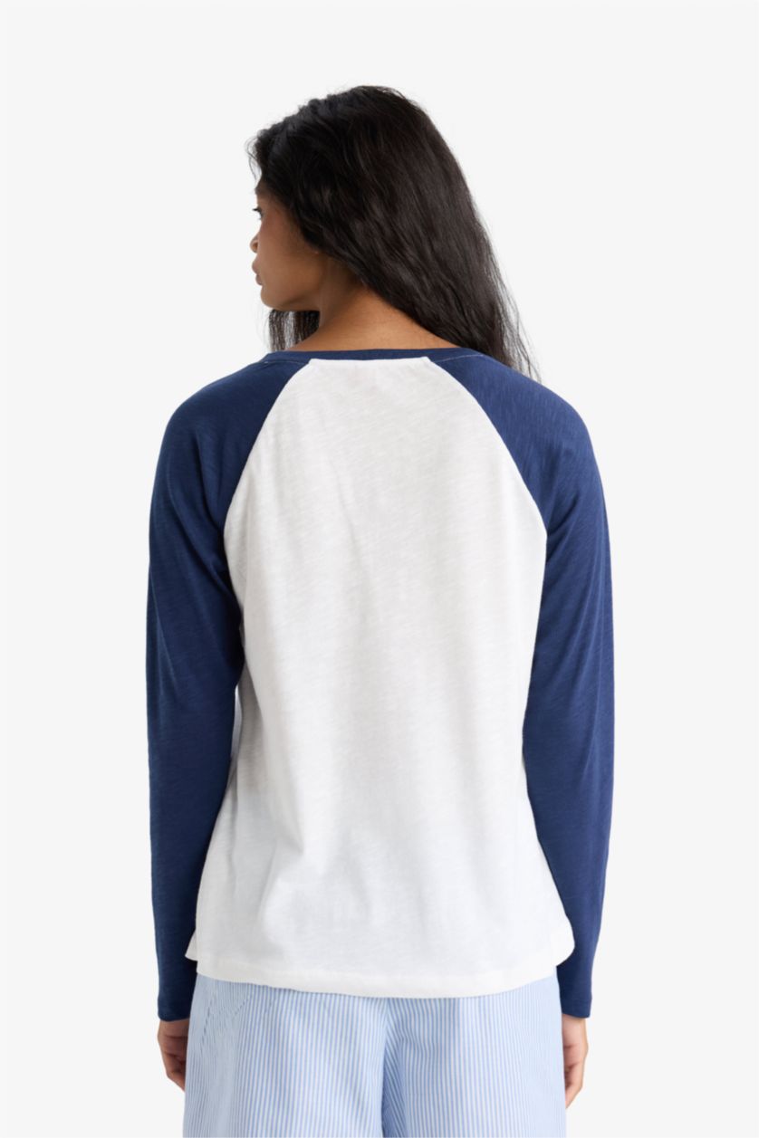Woman NAVY Regular Fit Crew Neck Flamed Cotton Top
