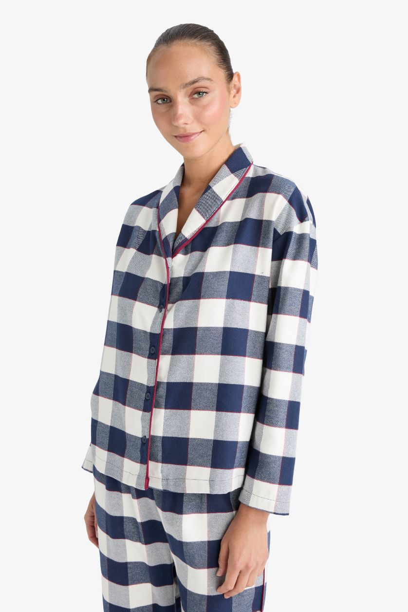 Kadın Lacivert Pijama Takımı Flanel Regular Fit Kareli Uzun Kollu Üst Uzun Alt