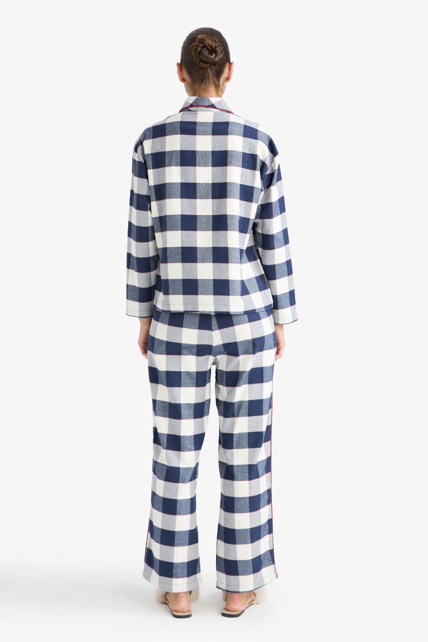 Kadın Lacivert Pijama Takımı Flanel Regular Fit Kareli Uzun Kollu Üst Uzun Alt