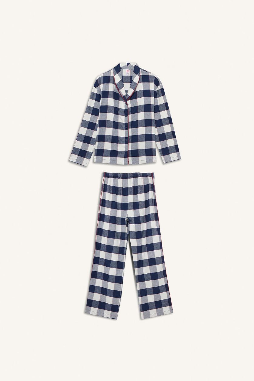 Kadın Lacivert Pijama Takımı Flanel Regular Fit Kareli Uzun Kollu Üst Uzun Alt