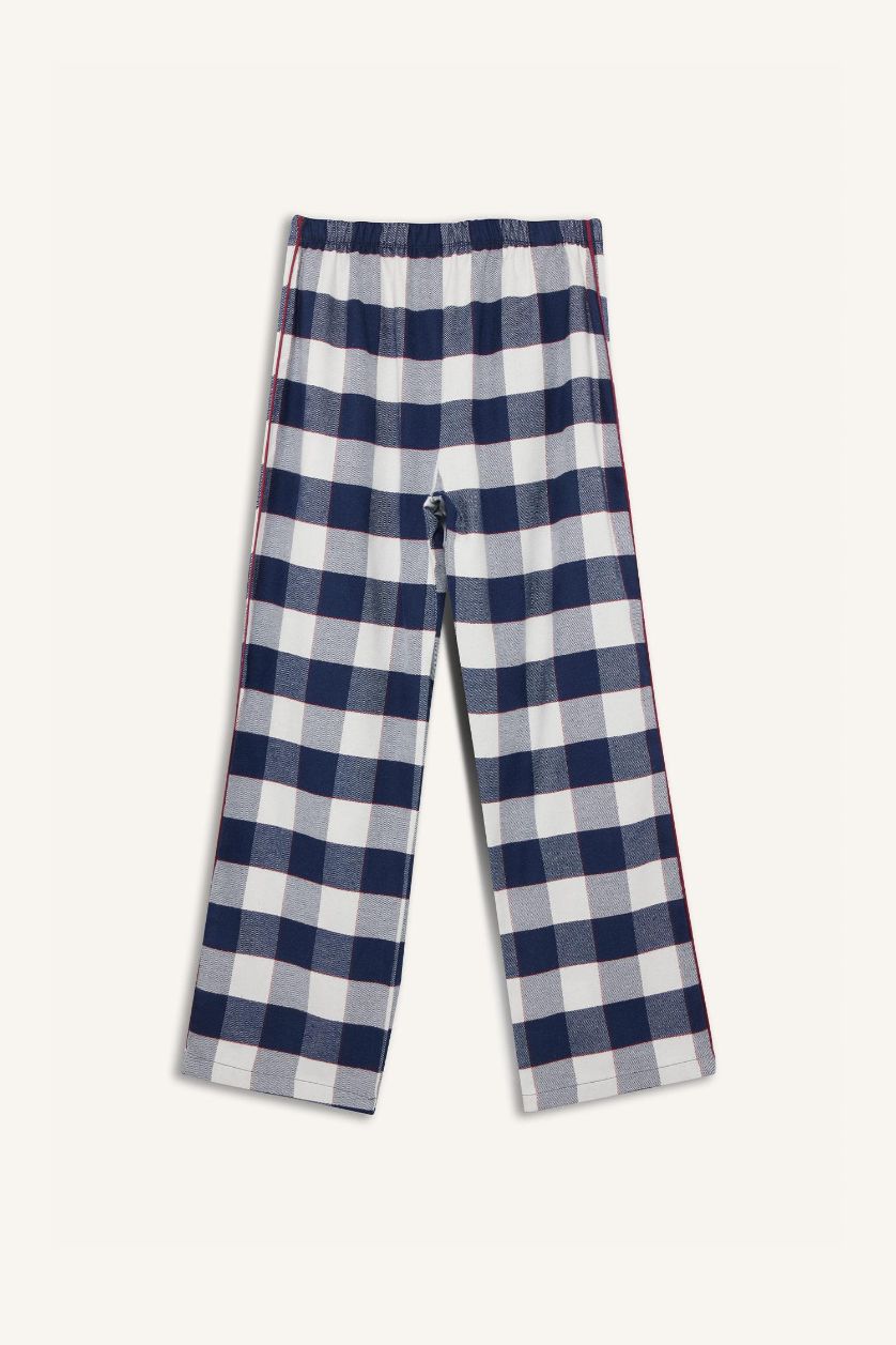 Kadın Lacivert Pijama Takımı Flanel Regular Fit Kareli Uzun Kollu Üst Uzun Alt