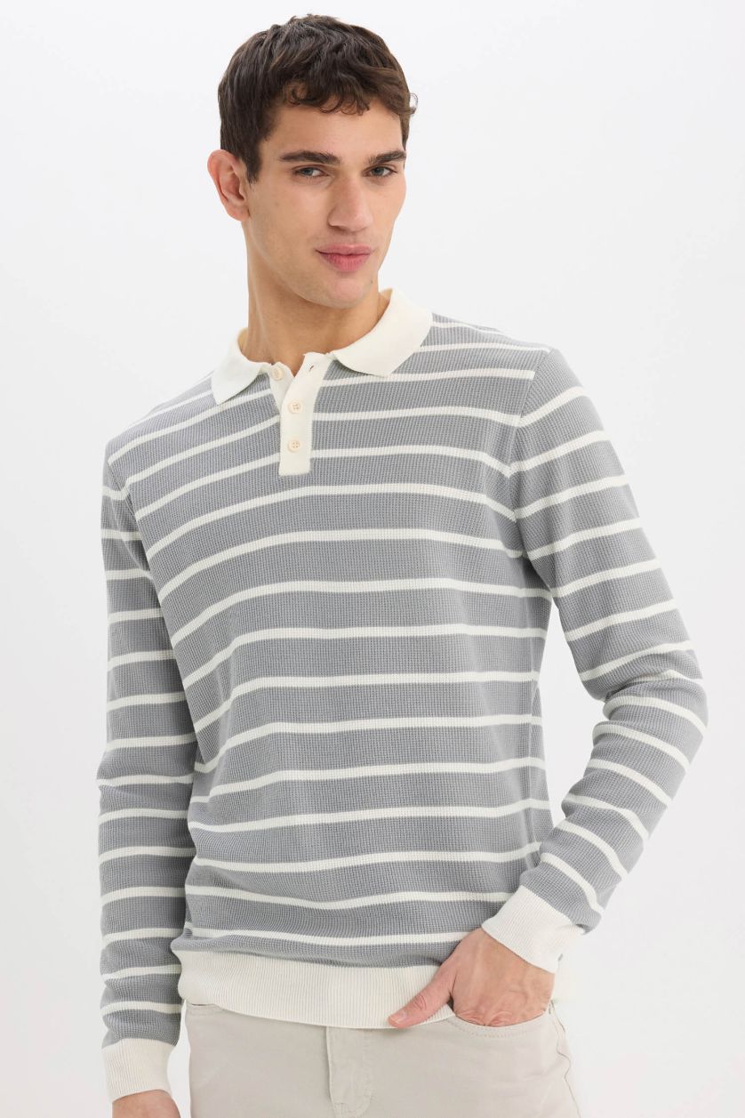 Man Light Grey Standard Fit Polo Collar Knitwear Pullover