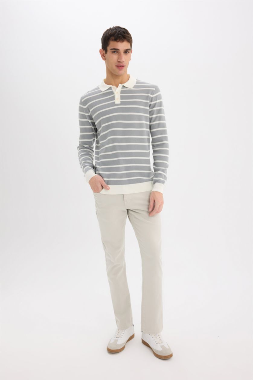 Man Light Grey Standard Fit Polo Collar Knitwear Pullover