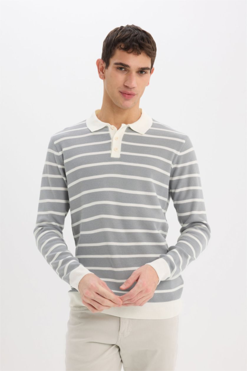 Man Light Grey Standard Fit Polo Collar Knitwear Pullover