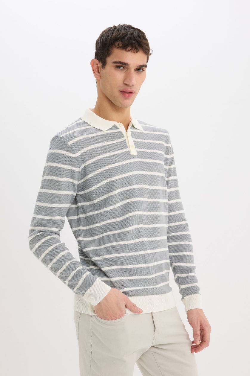 Man Light Grey Standard Fit Polo Collar Knitwear Pullover