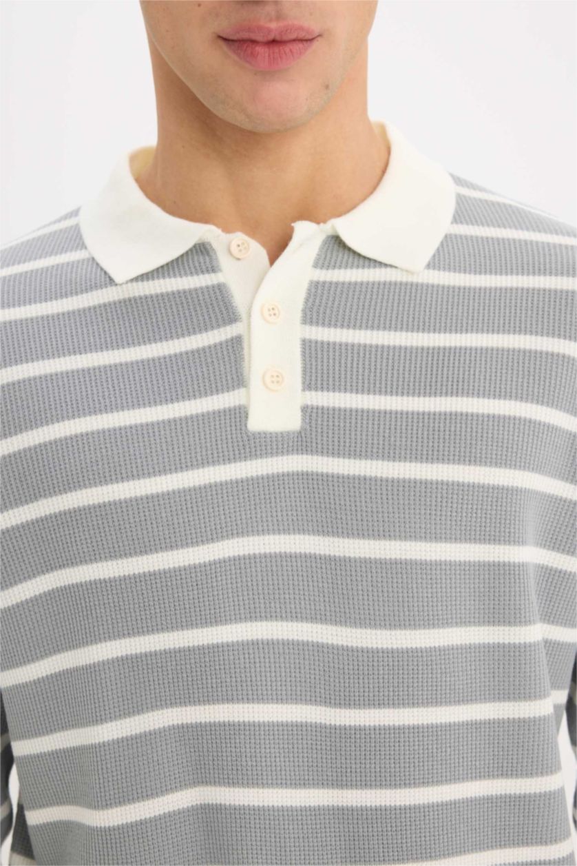 Man Light Grey Standard Fit Polo Collar Knitwear Pullover