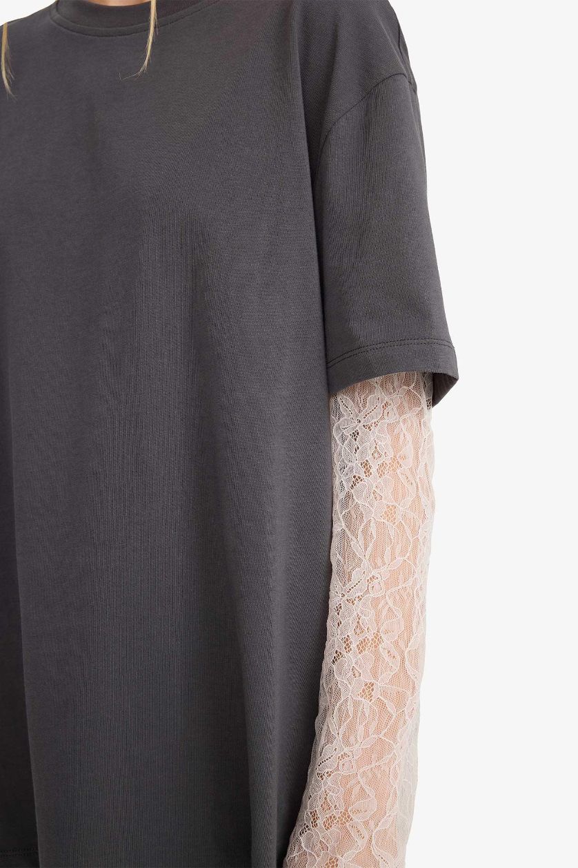 Kadın Antrasit Oversize Geniş Kalıp Bisiklet Yaka Dantel Detaylı Uzun Kollu Tişört