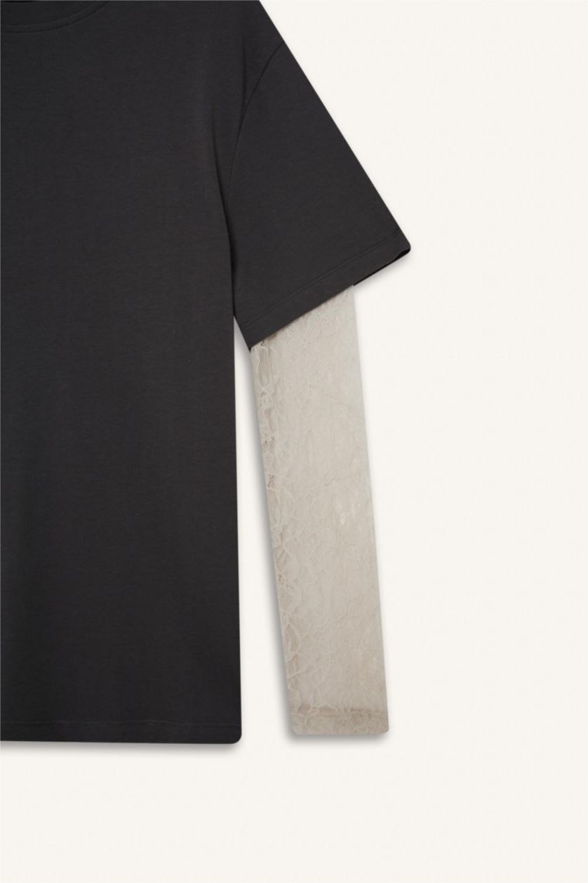 Kadın Antrasit Oversize Geniş Kalıp Bisiklet Yaka Dantel Detaylı Uzun Kollu Tişört