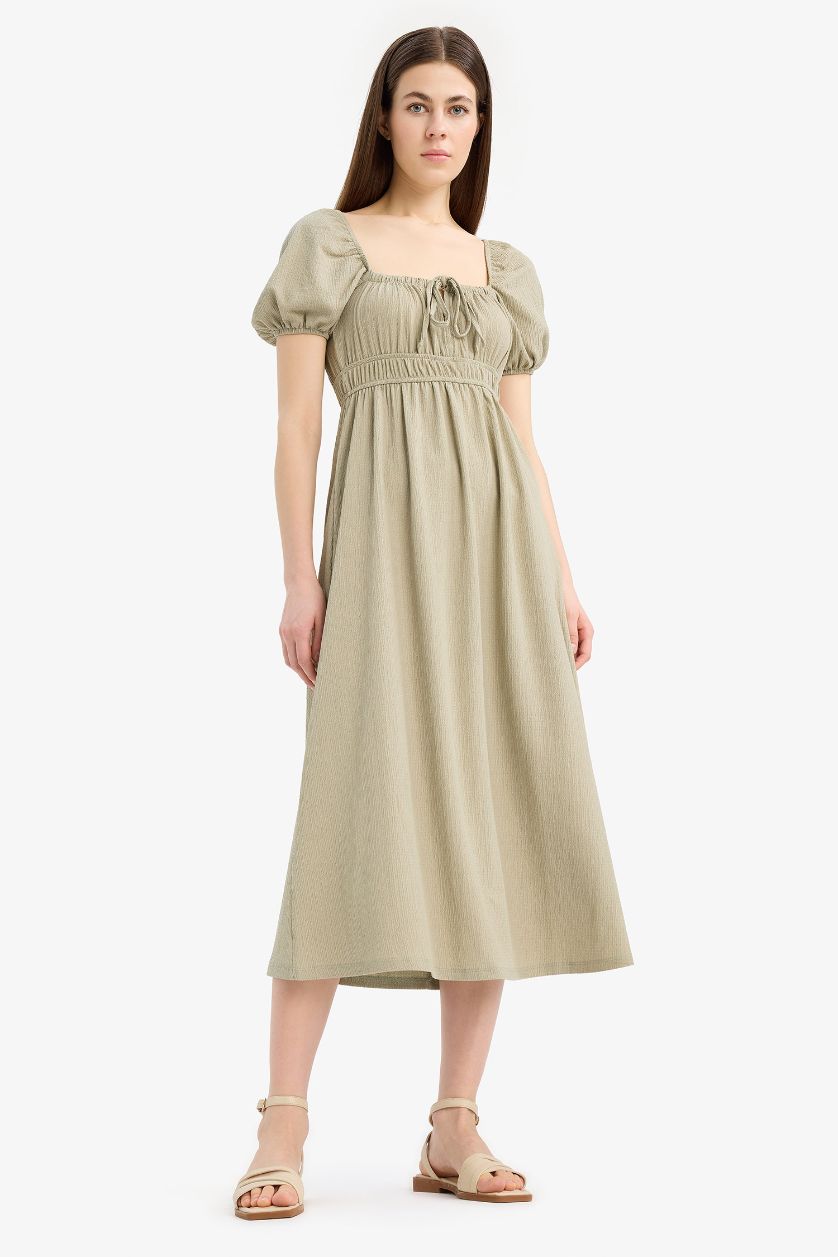 WOMAN Light Khaki Square Collar Crepe Short Sleeve Midi Dress