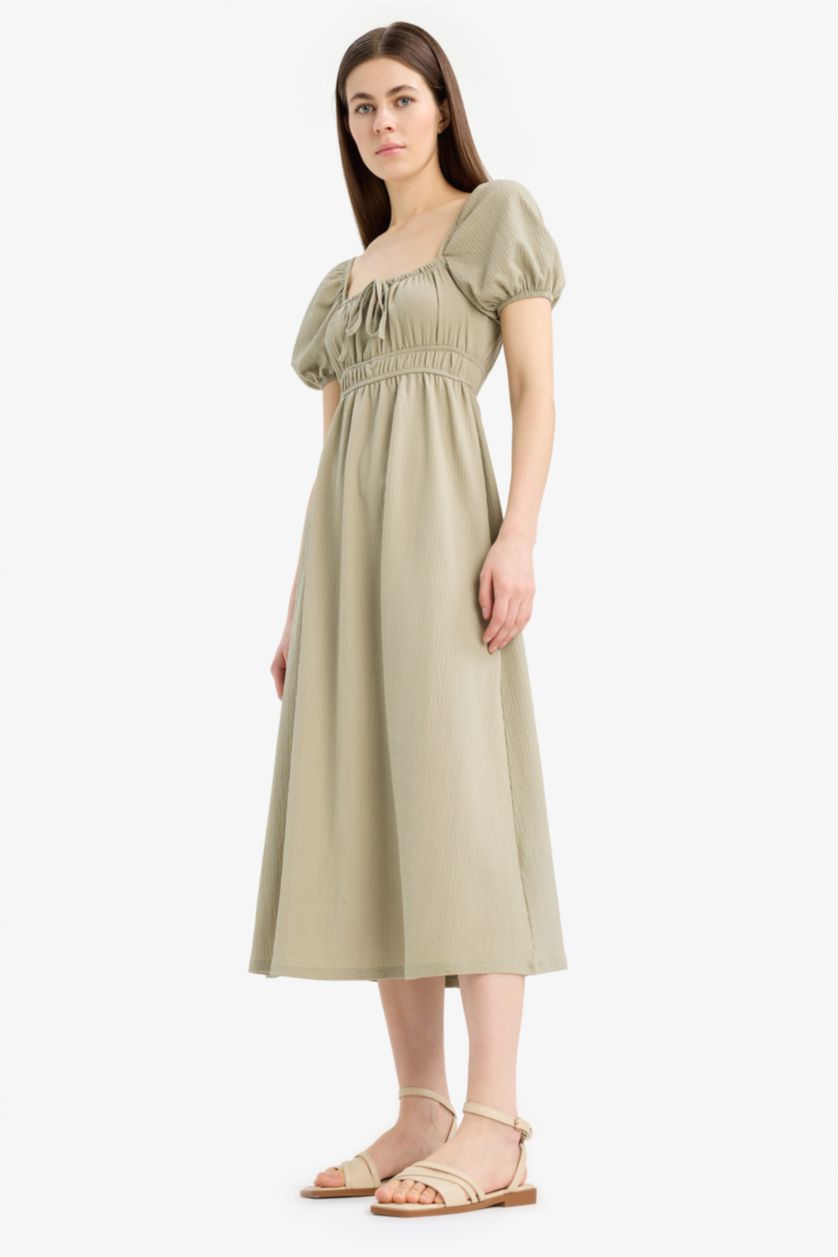 WOMAN Light Khaki Square Collar Crepe Short Sleeve Midi Dress