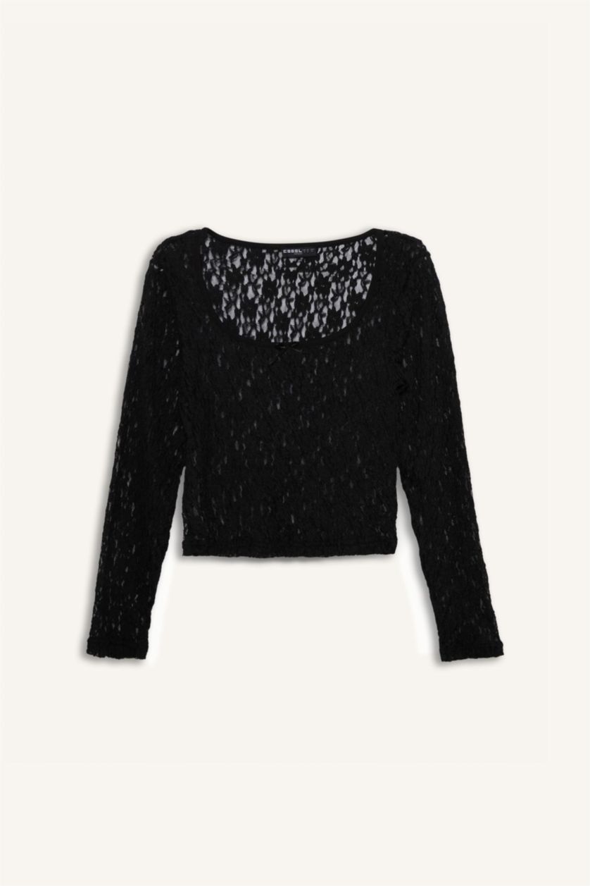 Woman Black Round Neck Fitted Lace Long Sleeve Blouse