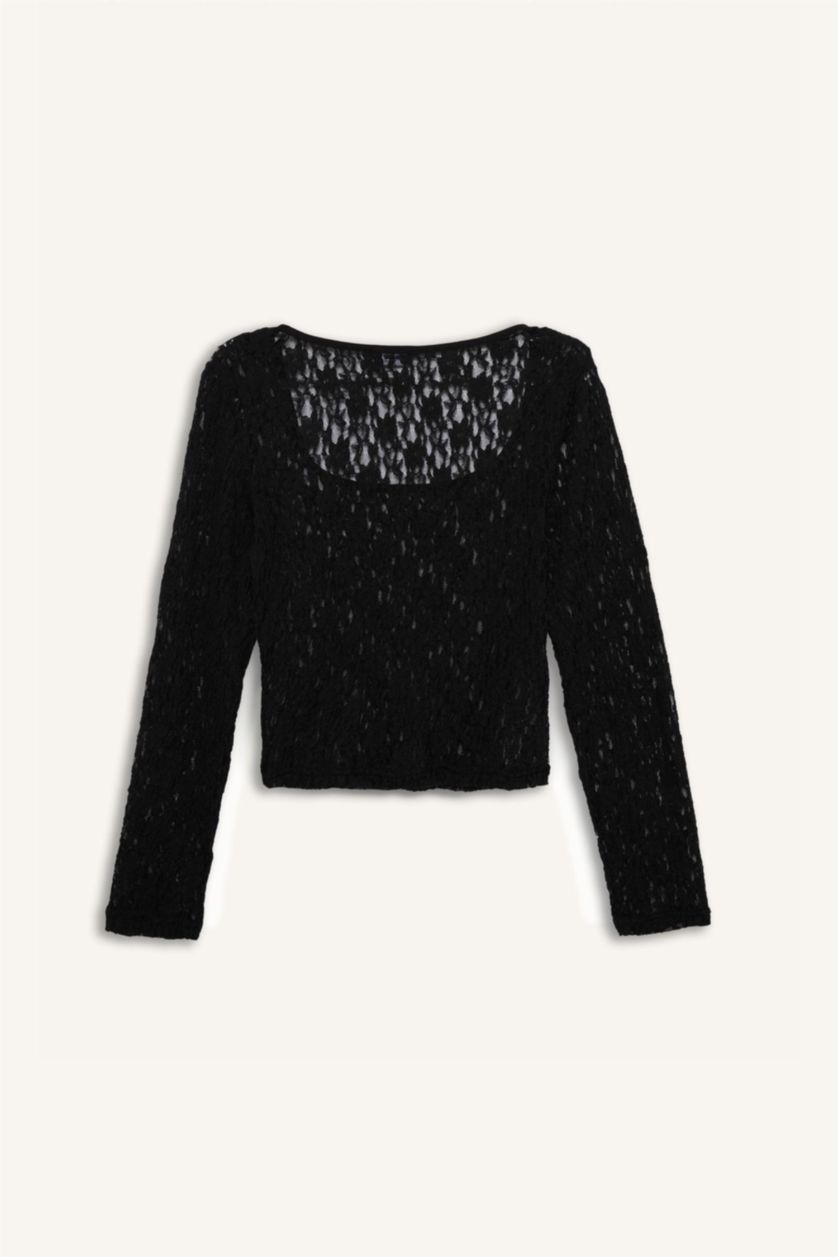 Woman Black Round Neck Fitted Lace Long Sleeve Blouse