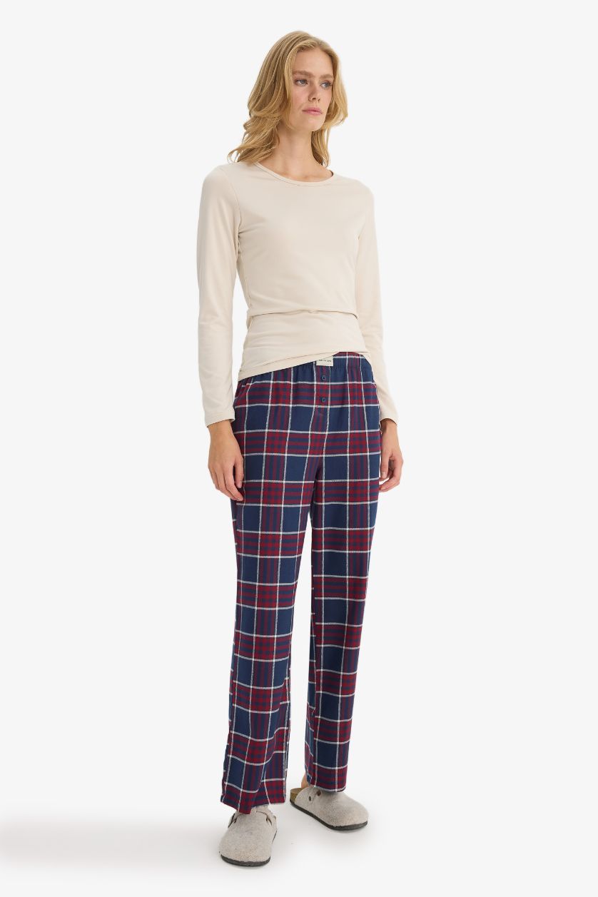 Kadın Lacivert Regular Fit Uzun Boy Flanel Kareli Pijama Altı