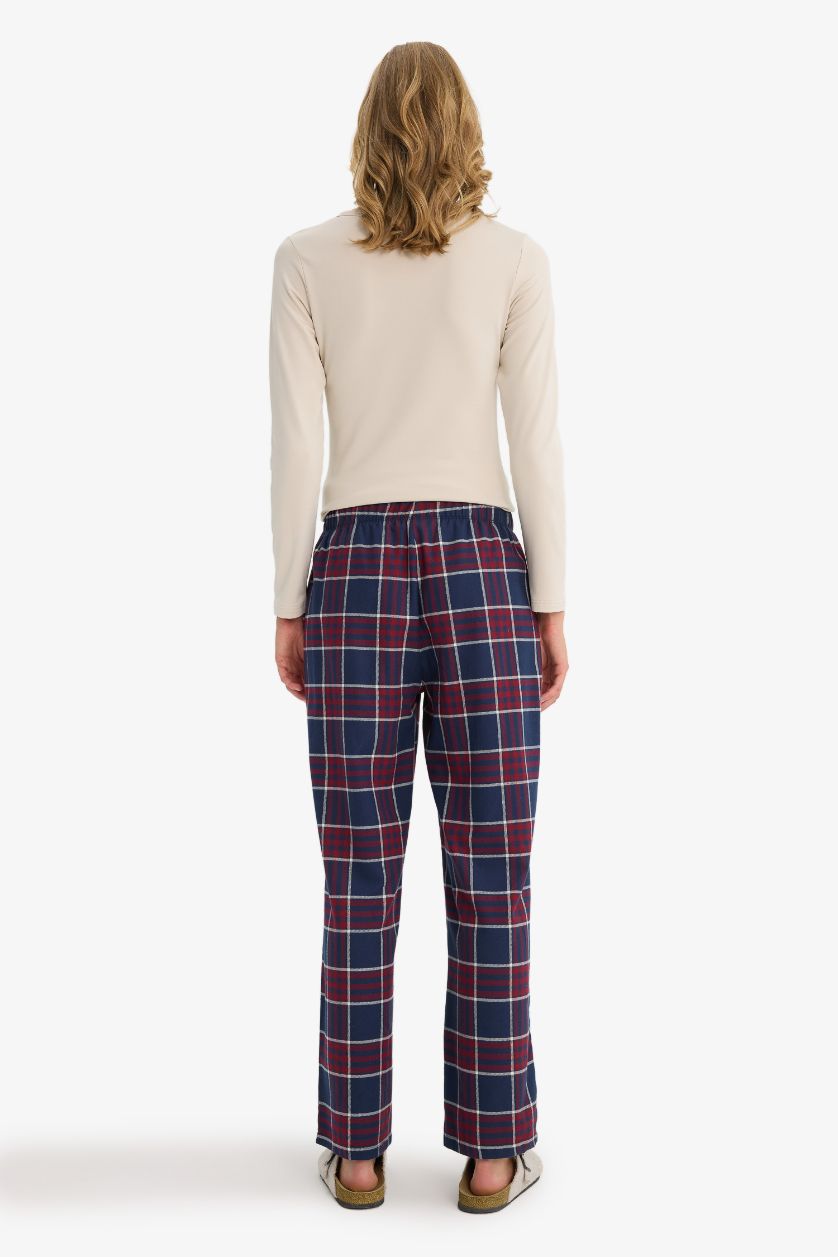Kadın Lacivert Regular Fit Uzun Boy Flanel Kareli Pijama Altı