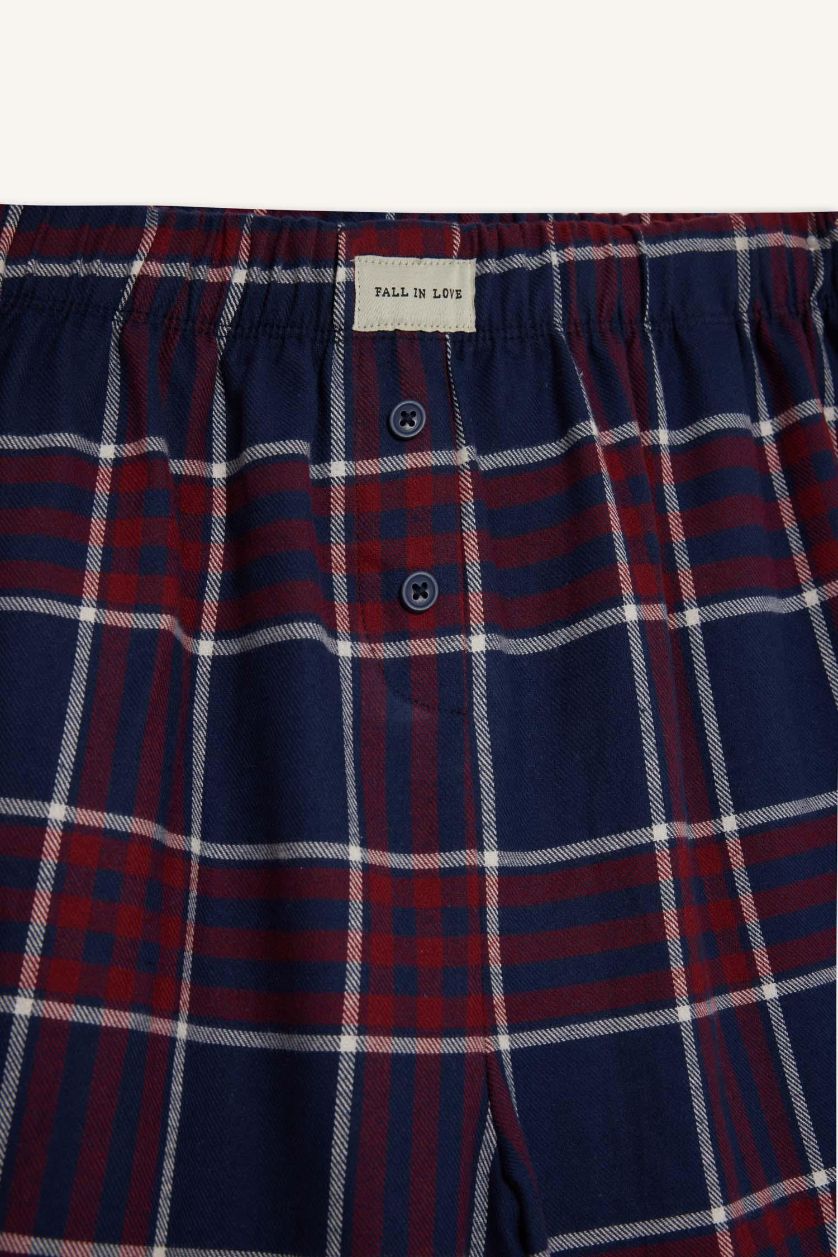 Kadın Lacivert Regular Fit Uzun Boy Flanel Kareli Pijama Altı