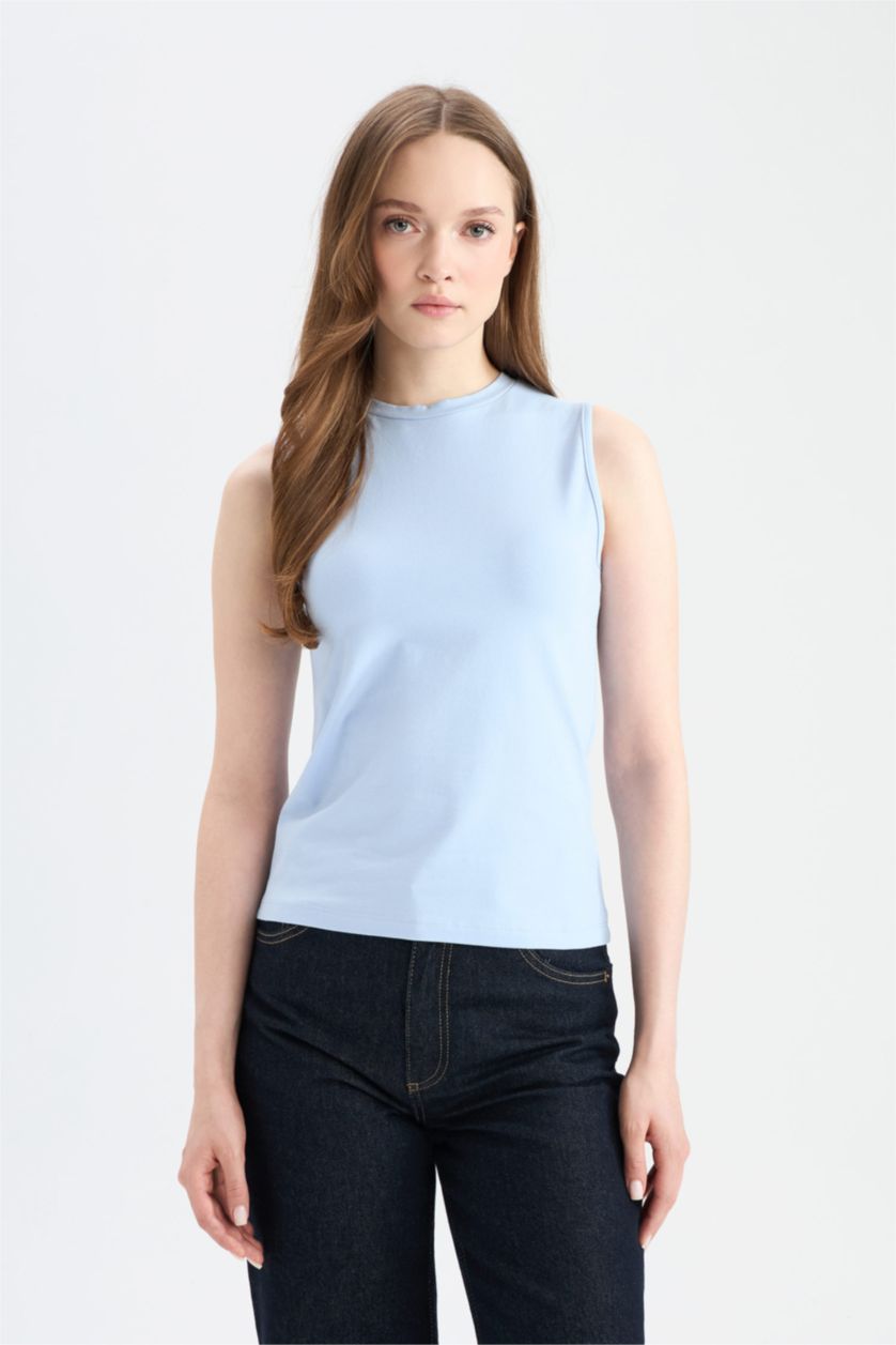 نساء أزرق فاتح ديباردور عادي قصة عادية برقبة مستديرة