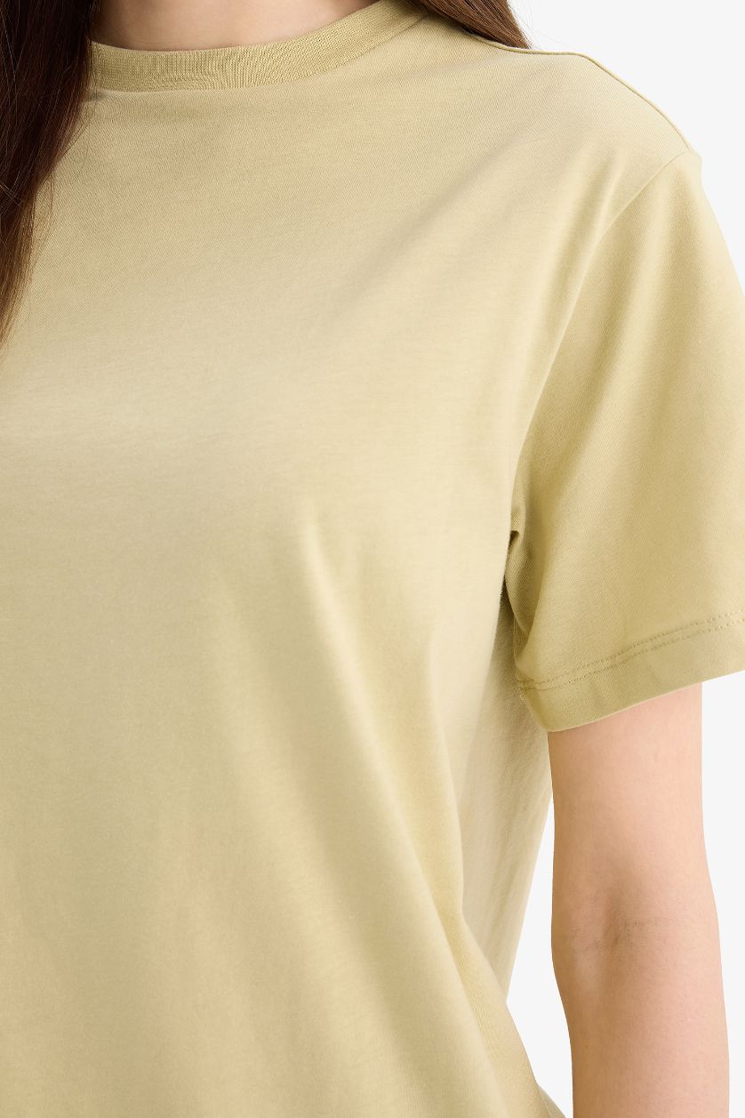 Kadın Bej Regular Fit Bisiklet Yaka Kısa Kollu Tişört Tunik