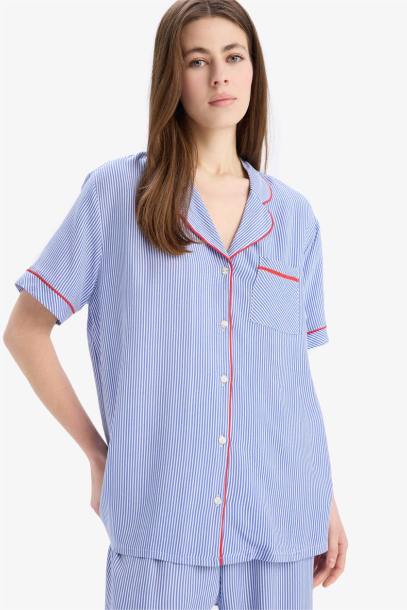 Kadın Saks Pijama Takımı Viskon Kısa Kollu Üst Beli Lastikli Uzun Alt