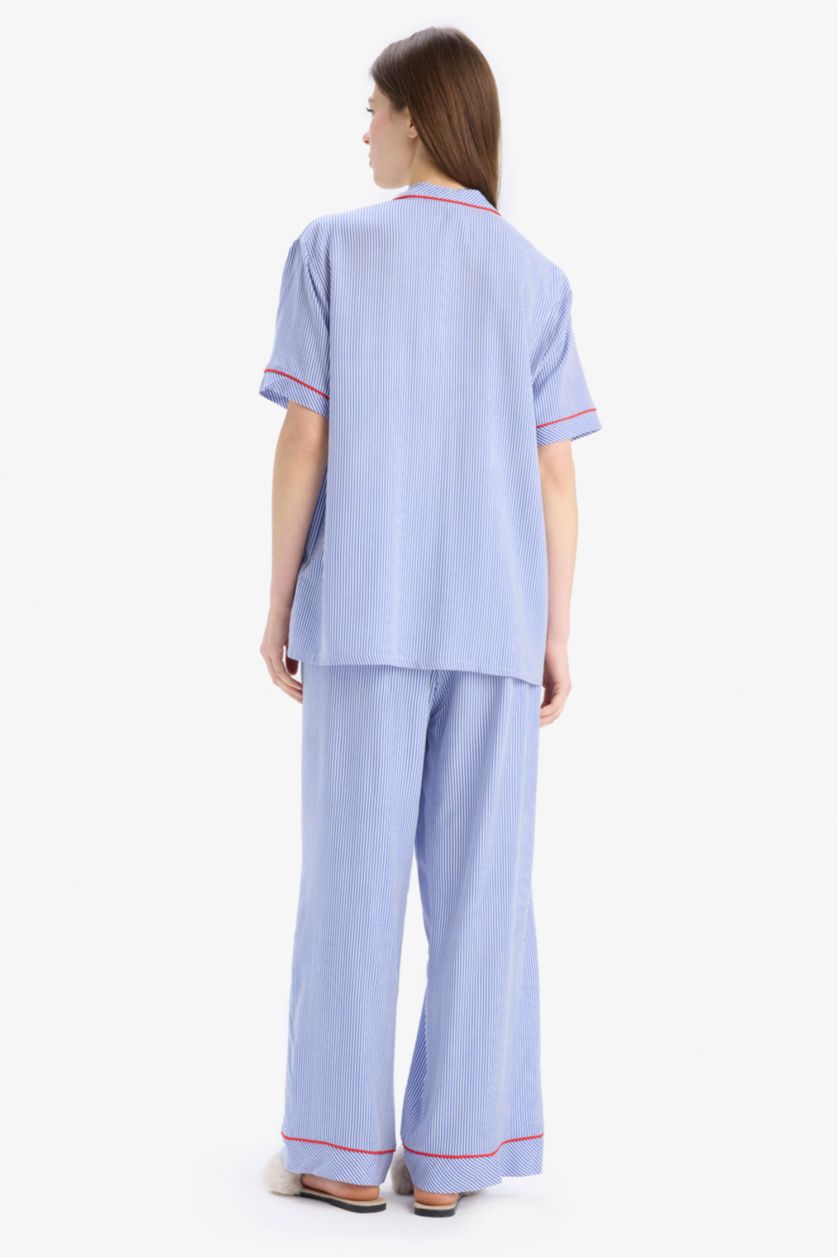 Kadın Saks Pijama Takımı Viskon Kısa Kollu Üst Beli Lastikli Uzun Alt