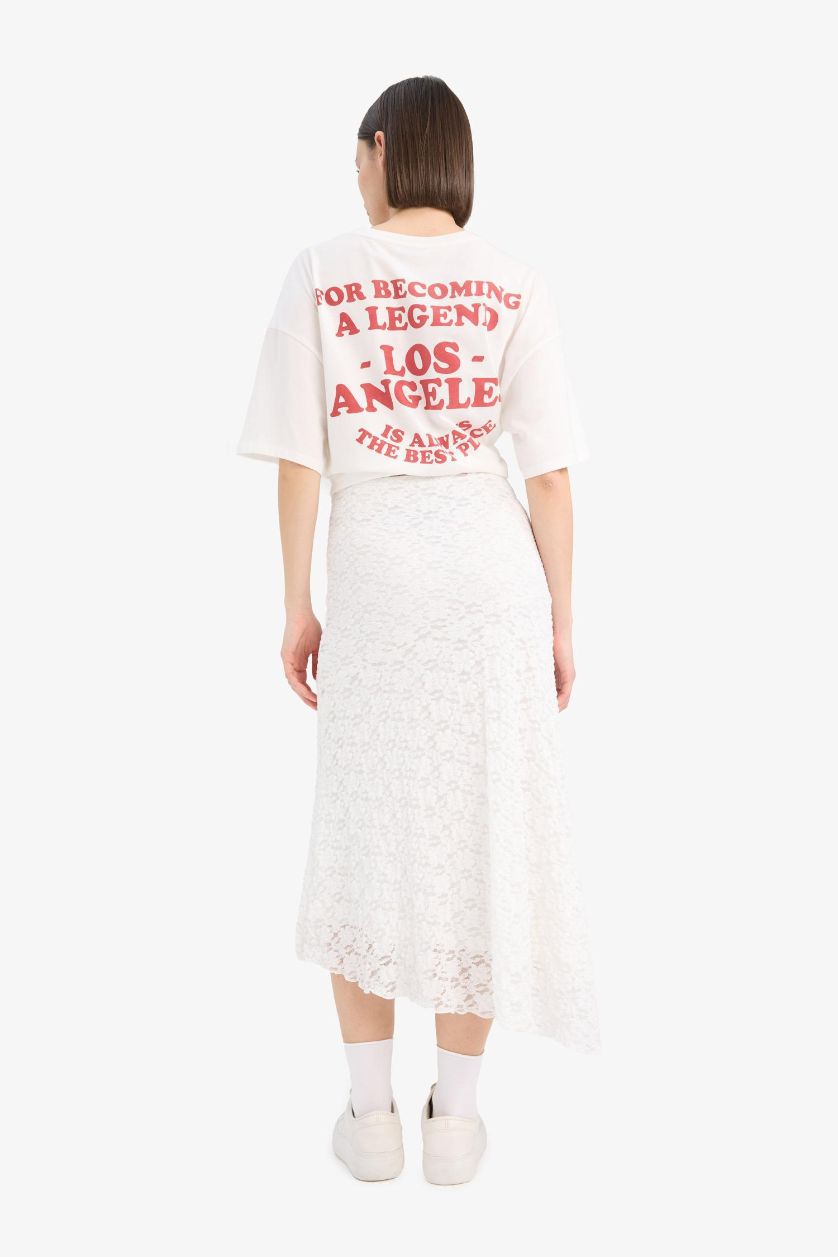 Kadın Kırık Beyaz A Kesim Normal Bel Penye Astar Dantel Midi Etek