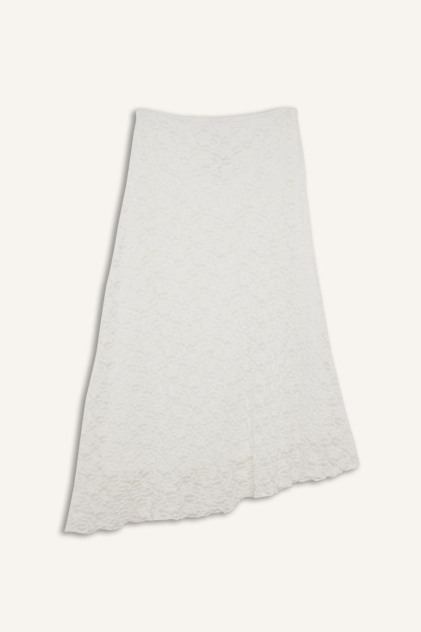 Kadın Kırık Beyaz A Kesim Normal Bel Penye Astar Dantel Midi Etek