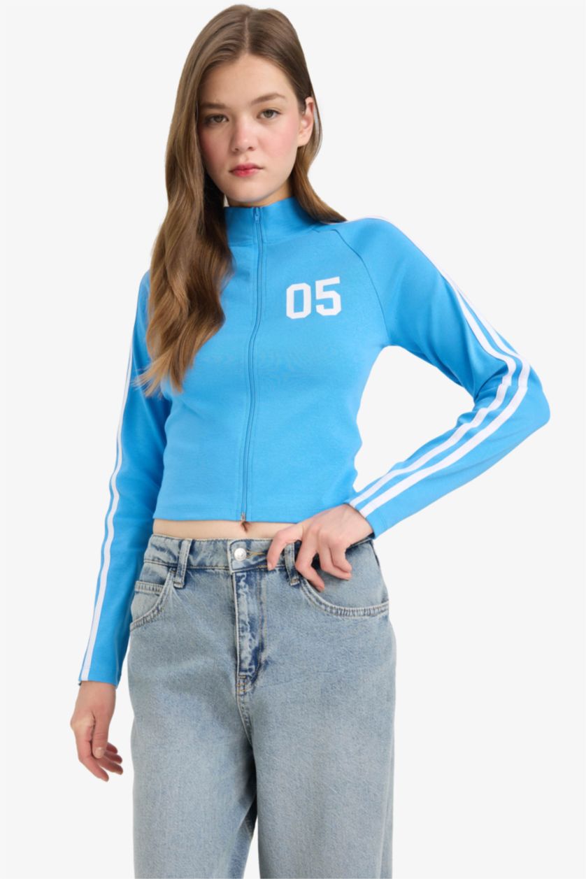 Kadın Mavi Fitted Baskılı Ribana Fermuarlı Hırka