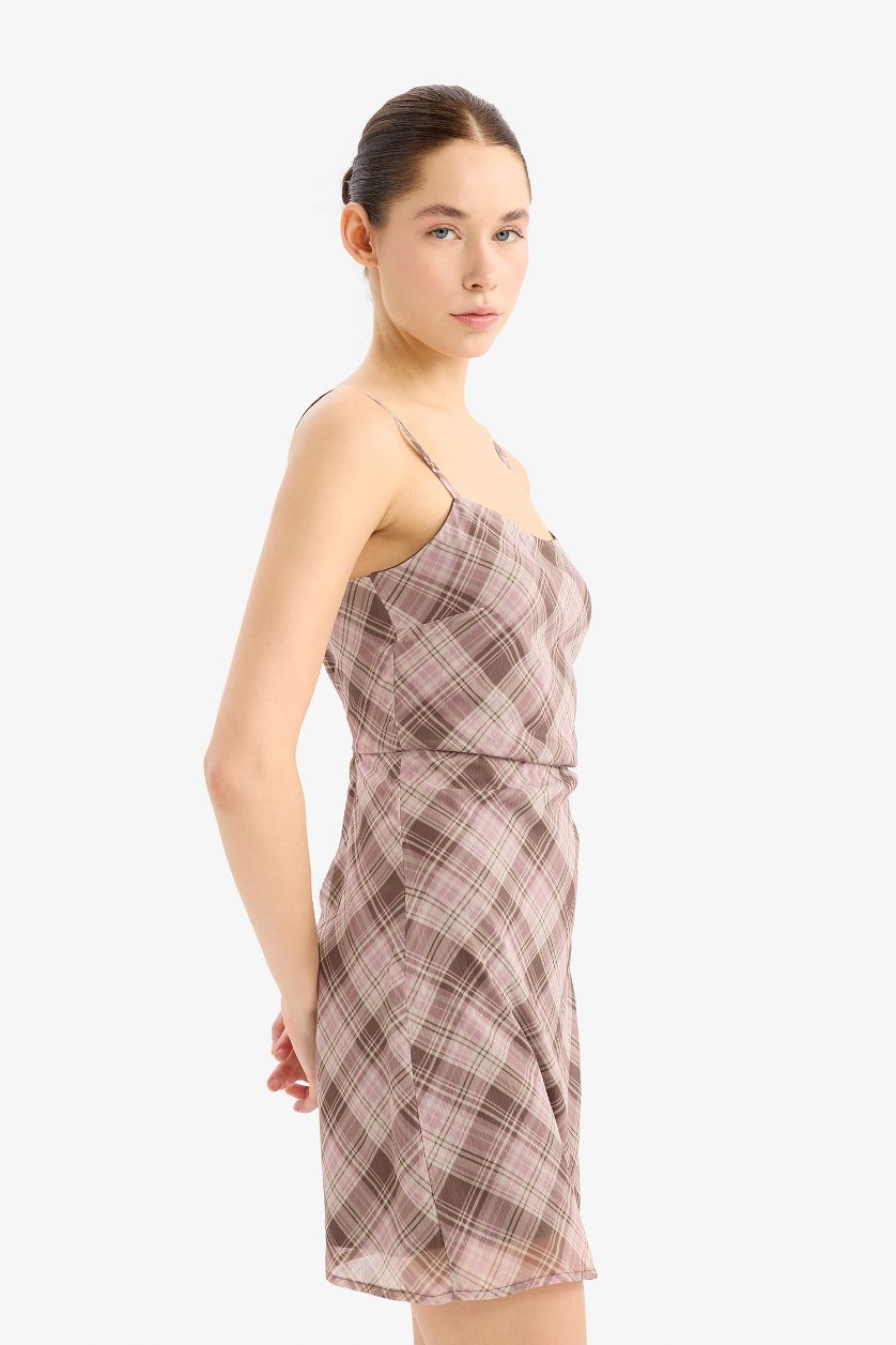 WOMAN Rose Strappy Plaid Chiffon Mini Dress