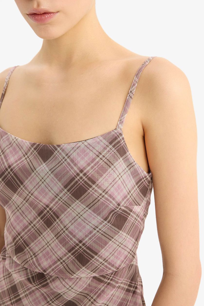 WOMAN Rose Strappy Plaid Chiffon Mini Dress