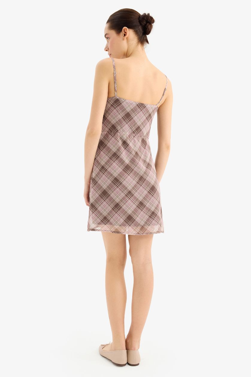 WOMAN Rose Strappy Plaid Chiffon Mini Dress