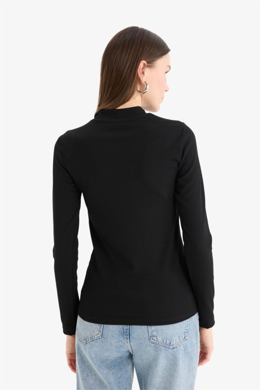 Kadın Siyah Yarım Balıkçı Yaka Basic Düz Fitilli Kaşkorse Uzun Kollu Tişört