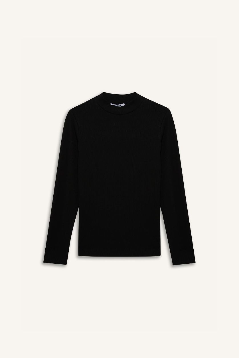 Kadın Siyah Yarım Balıkçı Yaka Basic Düz Fitilli Kaşkorse Uzun Kollu Tişört