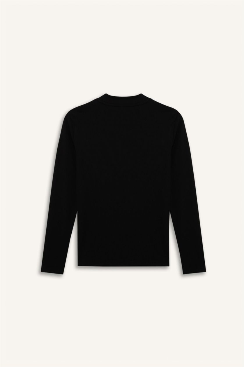 Kadın Siyah Yarım Balıkçı Yaka Basic Düz Fitilli Kaşkorse Uzun Kollu Tişört