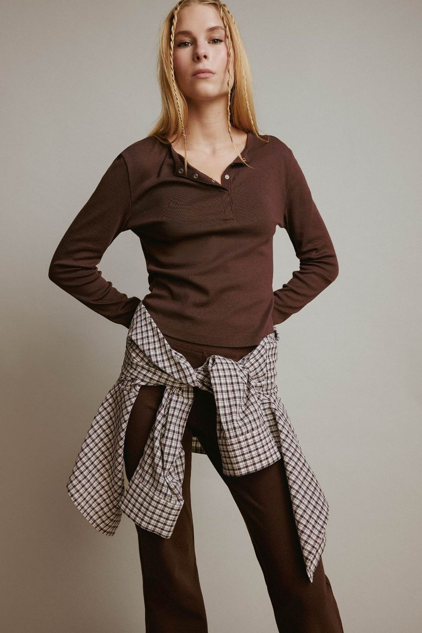 Woman Brown Fitted Basic Ribbed Long Sleeve T-Shirt