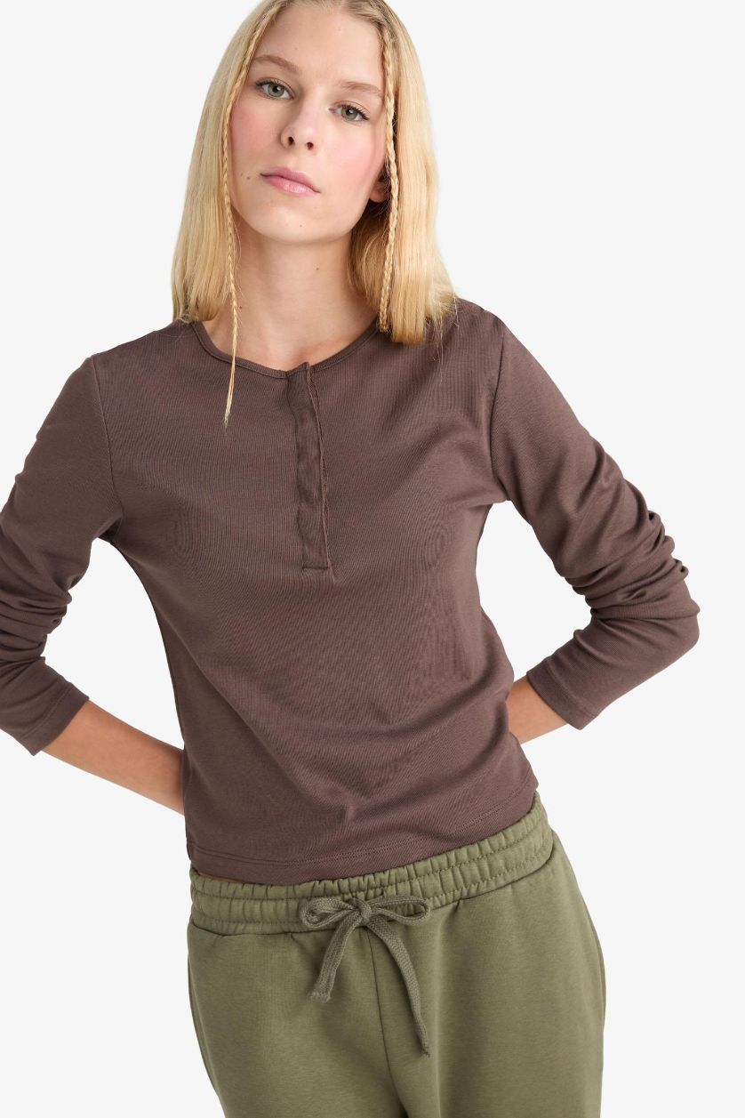 Woman Brown Fitted Basic Ribbed Long Sleeve T-Shirt