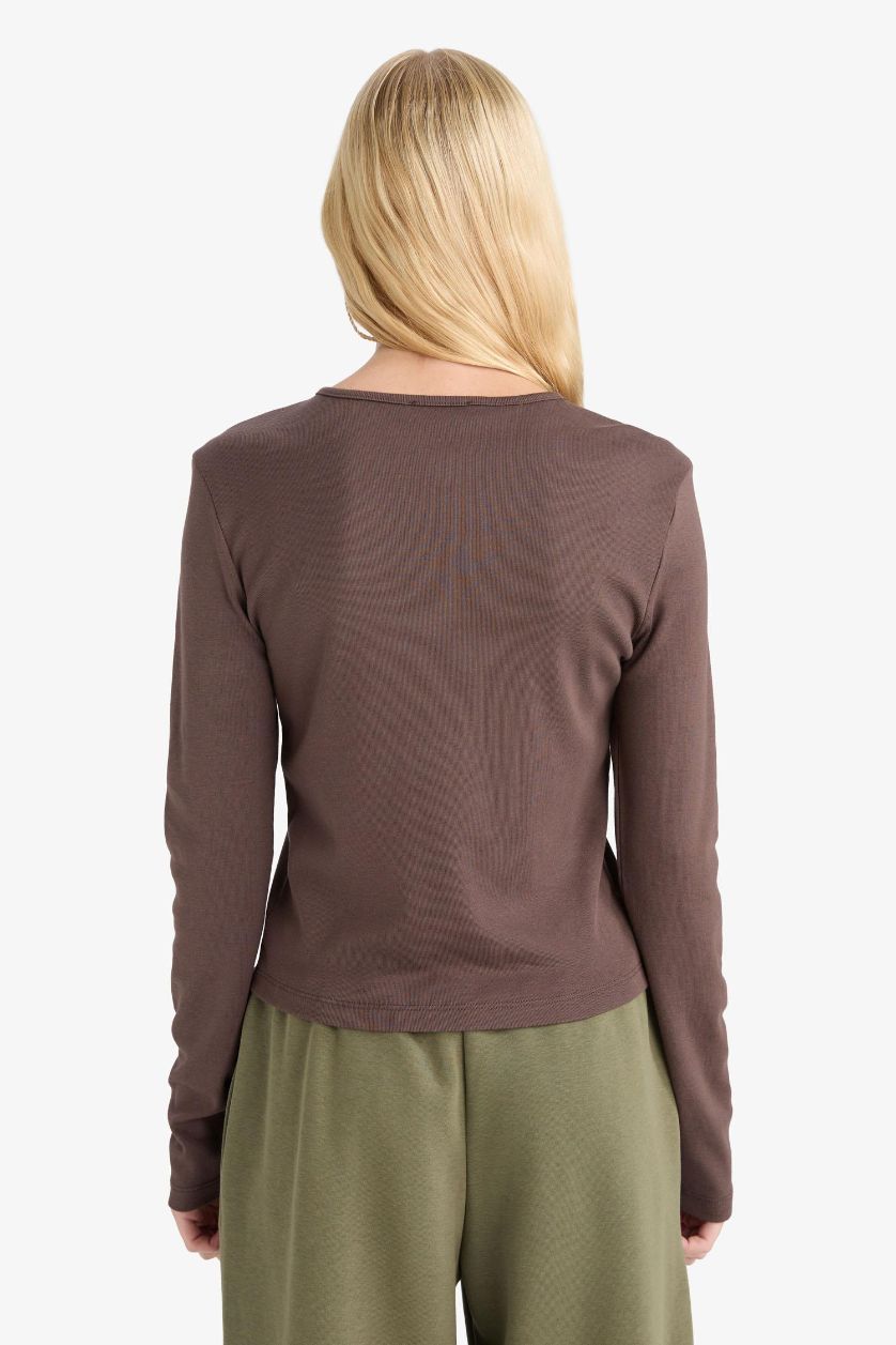 Woman Brown Fitted Basic Ribbed Long Sleeve T-Shirt