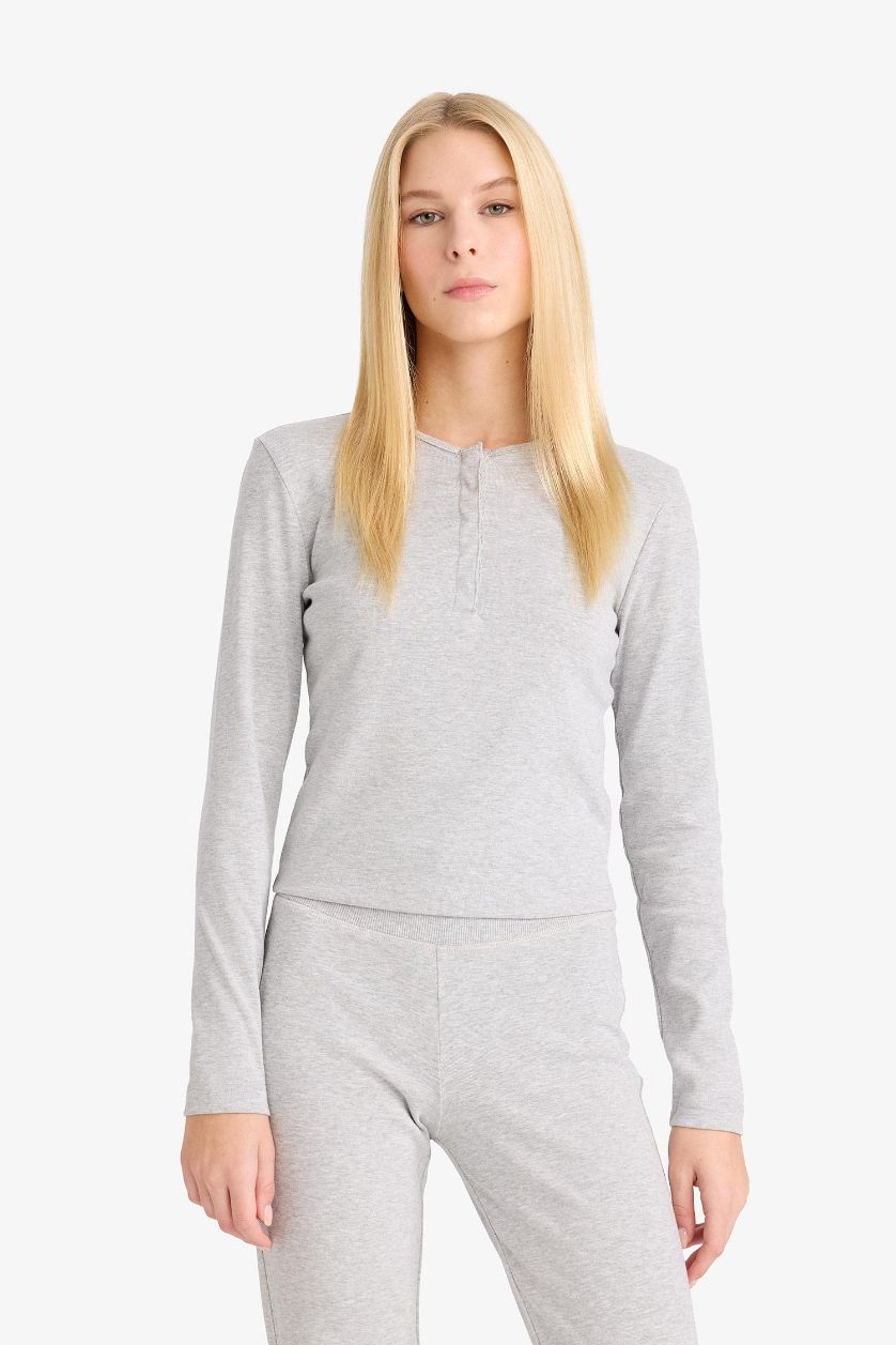 Kadın Gri Melanj Fitted Düğmeli Yaka Ribana Uzun Kollu Tişört