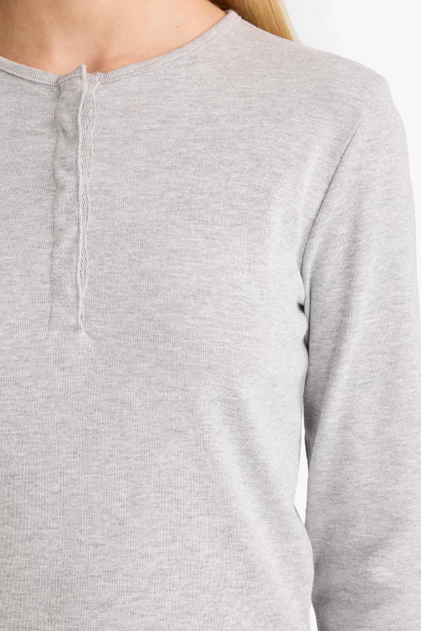 Kadın Gri Melanj Fitted Düğmeli Yaka Ribana Uzun Kollu Tişört