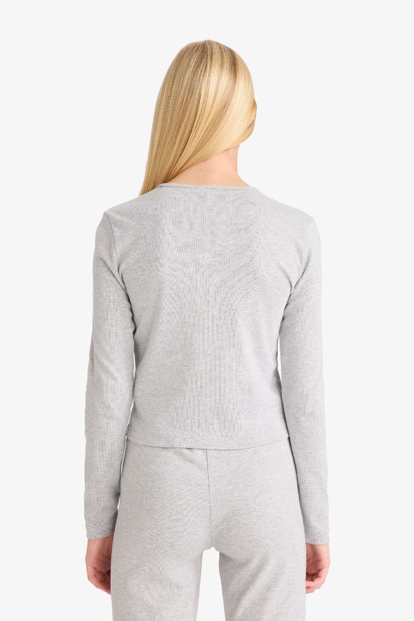 Kadın Gri Melanj Fitted Düğmeli Yaka Ribana Uzun Kollu Tişört